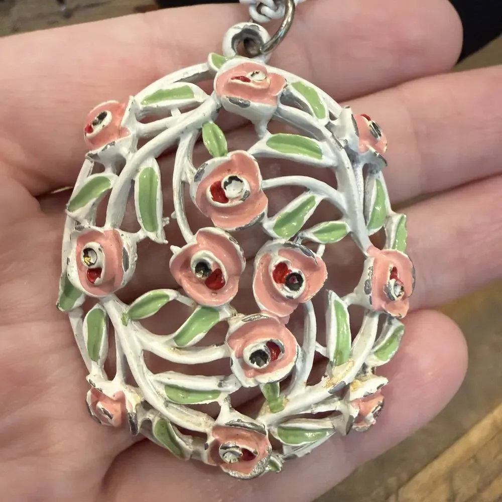 Vintage White Enamel Flower Rose Pendant Necklace 24” Length READ